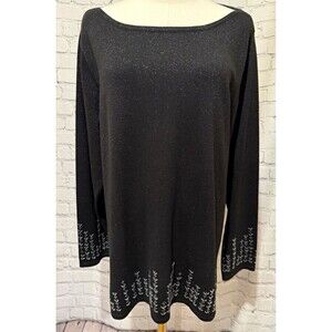 Kathy Levine by Request Black Knit Beaded Hem Boat Neck Sweater 1X
